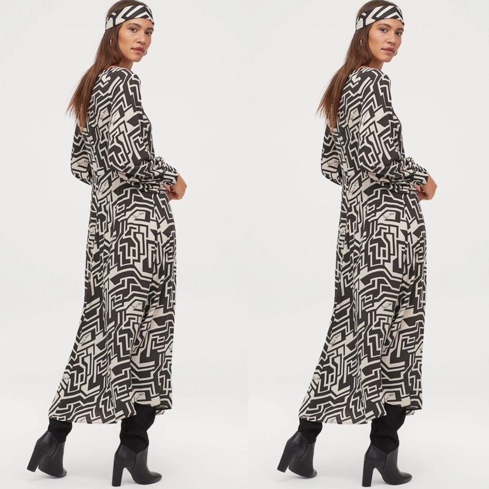 H&M Black and White Midi Dress with Bishop Sleeves